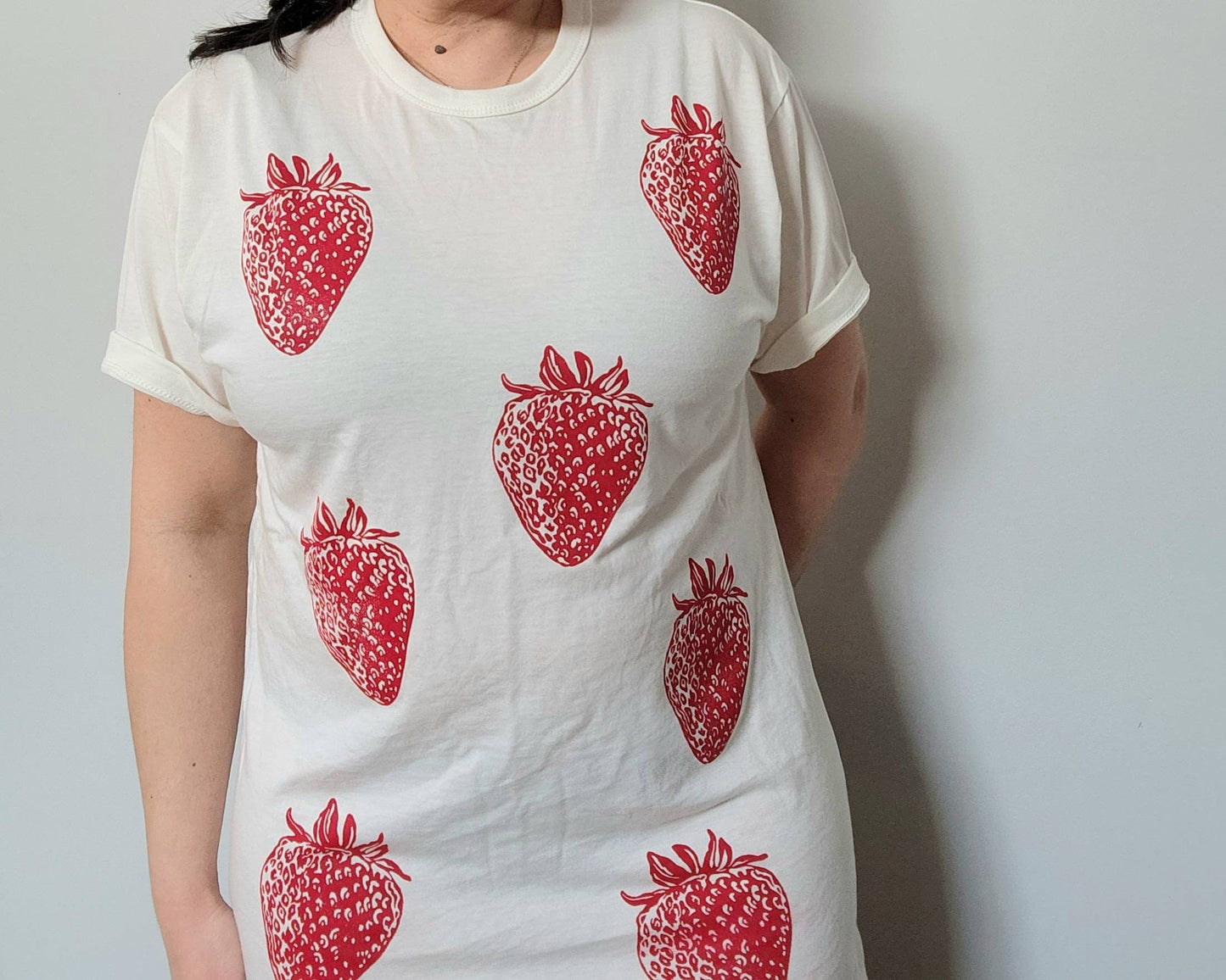 Strawberry pattern t-shirt, UNISEX bamboo hand printed tshirt, red berry all-over block print tee, hand stamped organic top, ethical fashion