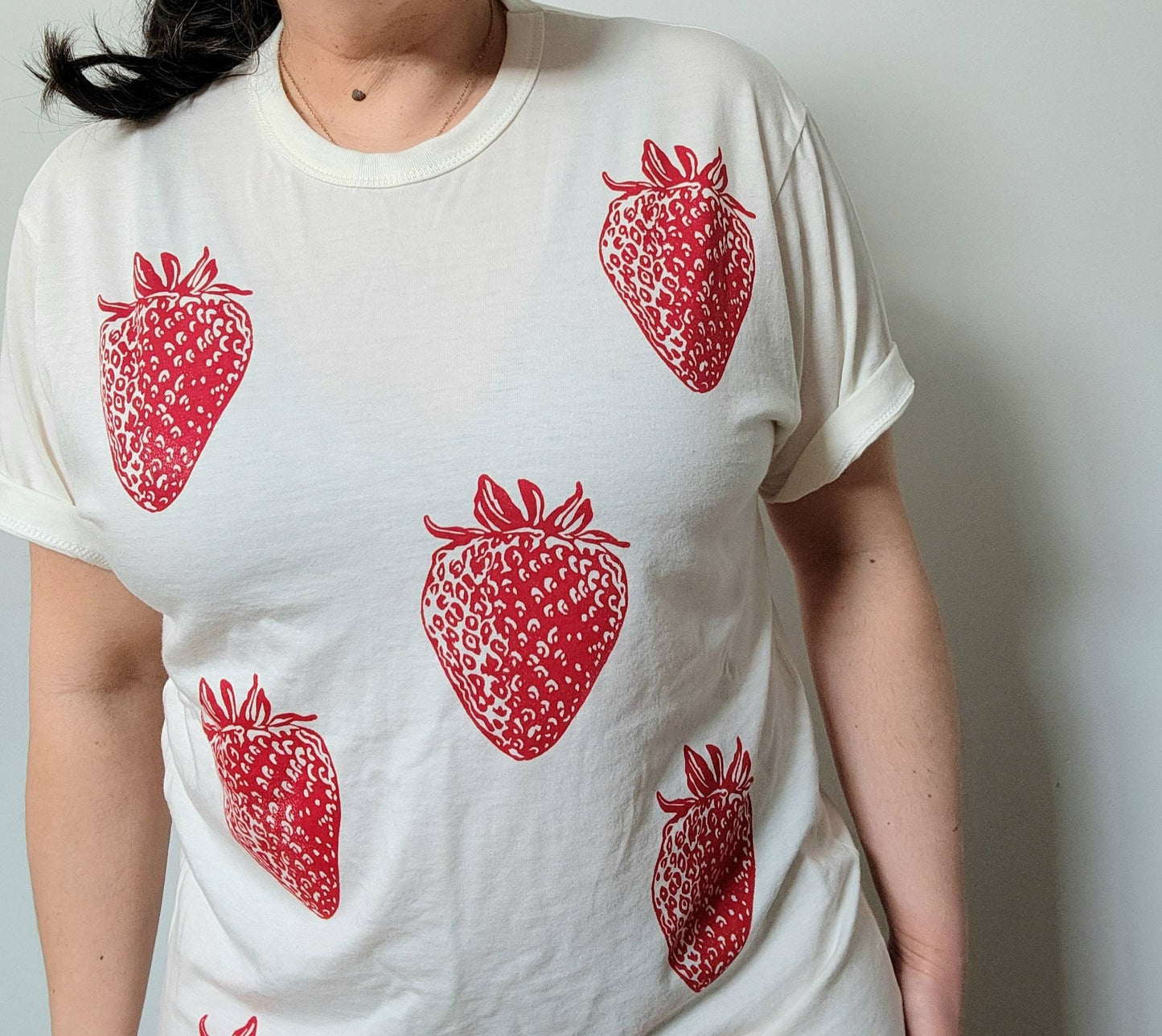 Strawberry pattern t-shirt, UNISEX bamboo hand printed tshirt, red berry all-over block print tee, hand stamped organic top, ethical fashion