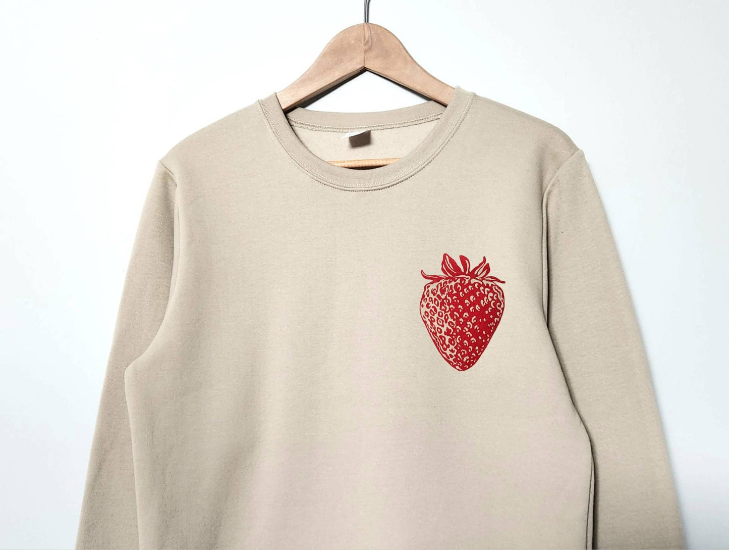 Strawberry sweatshirt, unisex hand printed red berry crewneck, block printed fruit illustration, soft fleece jumper, spring ethical clothing