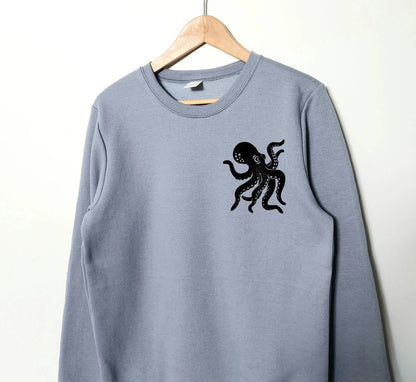 Sweat-shirt Octopus, col d’équipage imprimé à la main unisexe, illustration imprimée en bloc, pull en polaire douce, vêtements d’automne, mode éthique