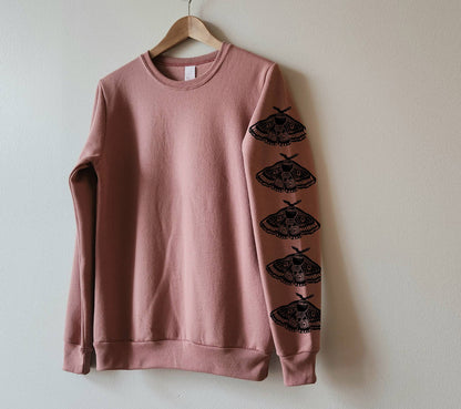 Moth sleeve print sweatshirt, hand printed unisex crewneck, moth butterfly print design, block print unique jumper, ethical spring fashion