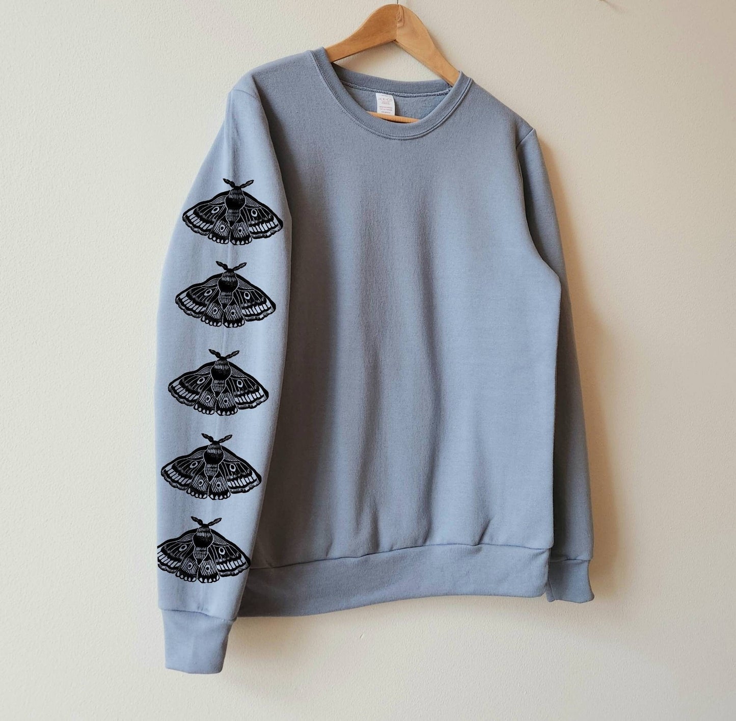 Moth sleeve print sweatshirt, hand printed unisex crewneck, moth butterfly print design, block print unique jumper, ethical spring fashion