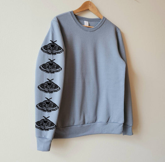 Moth sleeve print sweatshirt, hand printed unisex crewneck, moth butterfly print design, block print unique jumper, ethical spring fashion