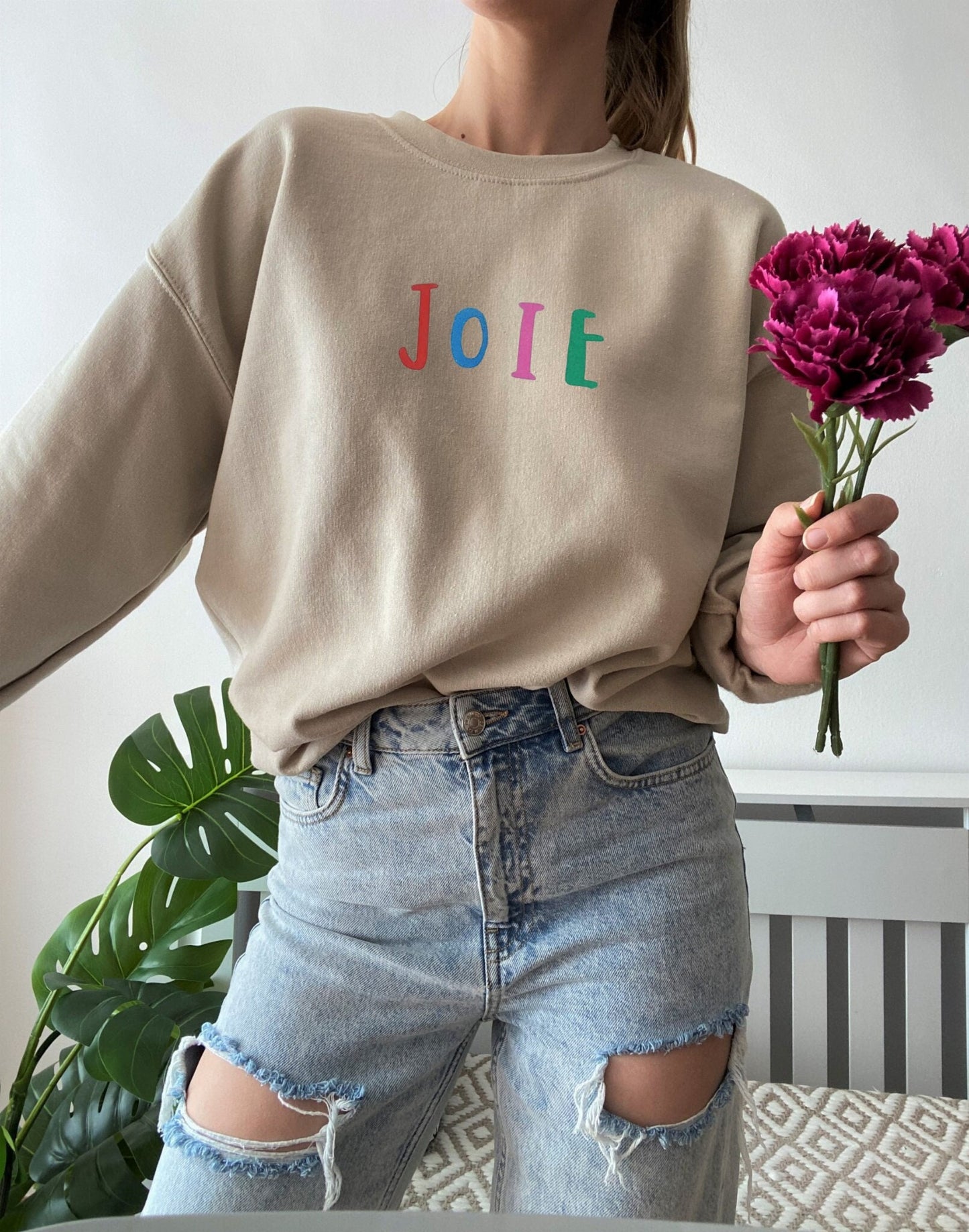 Joie sweatshirt, unisex hand printed joy crewneck, block printed colorful graphic shirt, soft cute jumper,  unique clothing, ethical fashion