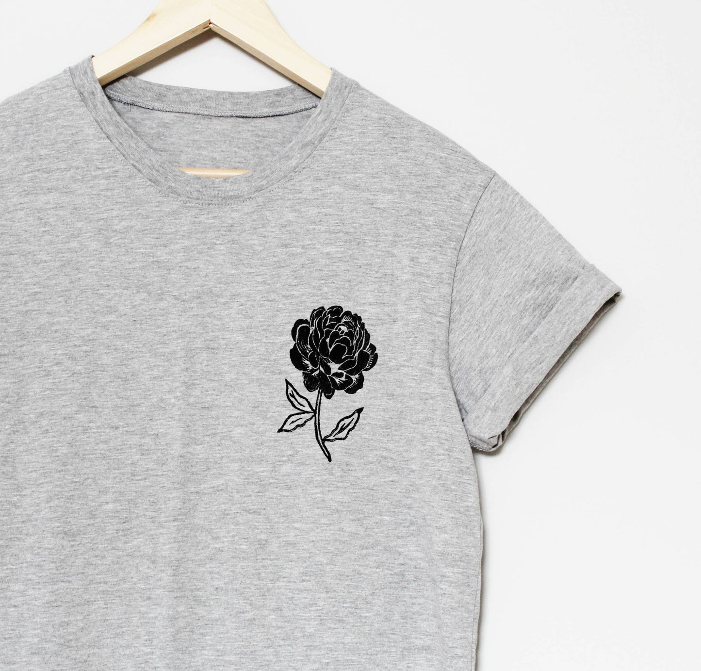 Peony t-shirt, UNISEX floral print tshirt, hand printed vintage black flower, botanical tee, hand stamped linocut, ethical summer fashion