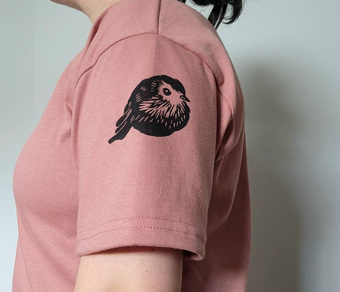 Bird t-shirt, UNISEX hand printed cute bird design on sleeve, minimalist block print tee, hand stamped, spring clothing, ethical fashion