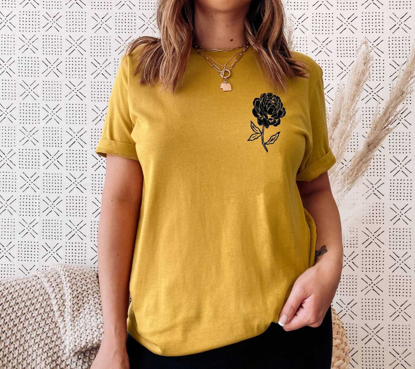 Peony t-shirt, UNISEX floral print tshirt, hand printed vintage black flower, botanical tee, hand stamped linocut, ethical summer fashion