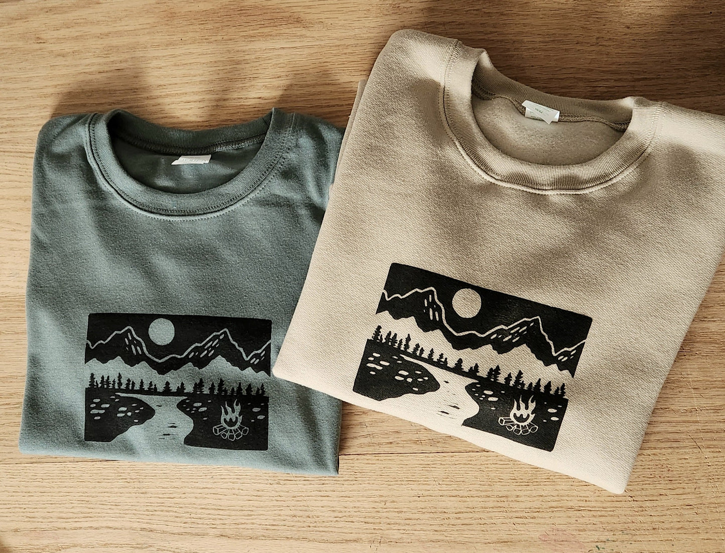 Campfire sweater, mountain nature sweatshirt, hand printed UNISEX crewneck, camping and outdoors, nature theme block print, ethical fashion