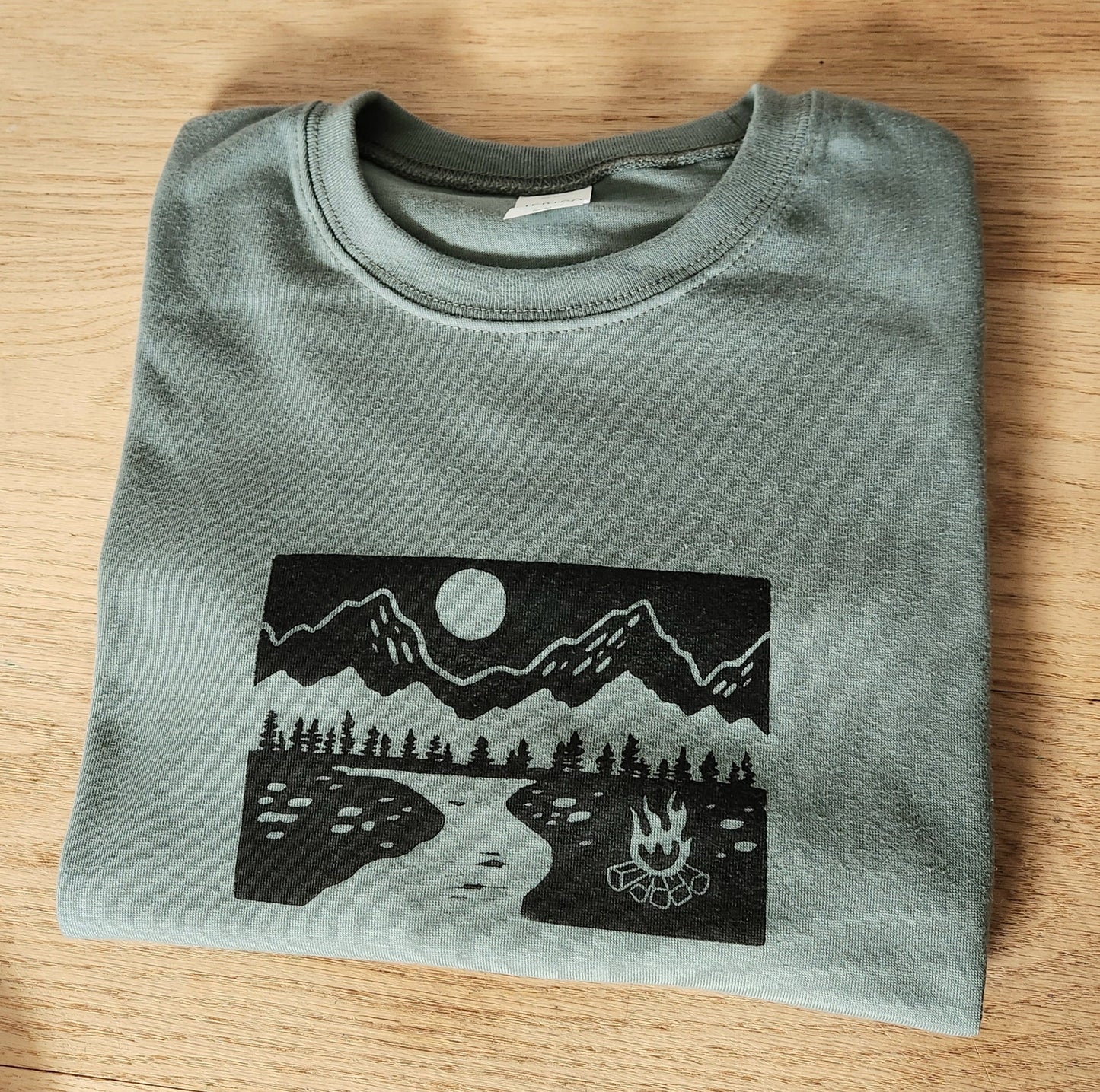 Campfire and mountain t-shirt, hand printed UNISEX tshirt, camping and outdoors tee, unique block print nature shirt, ethical summer fashion