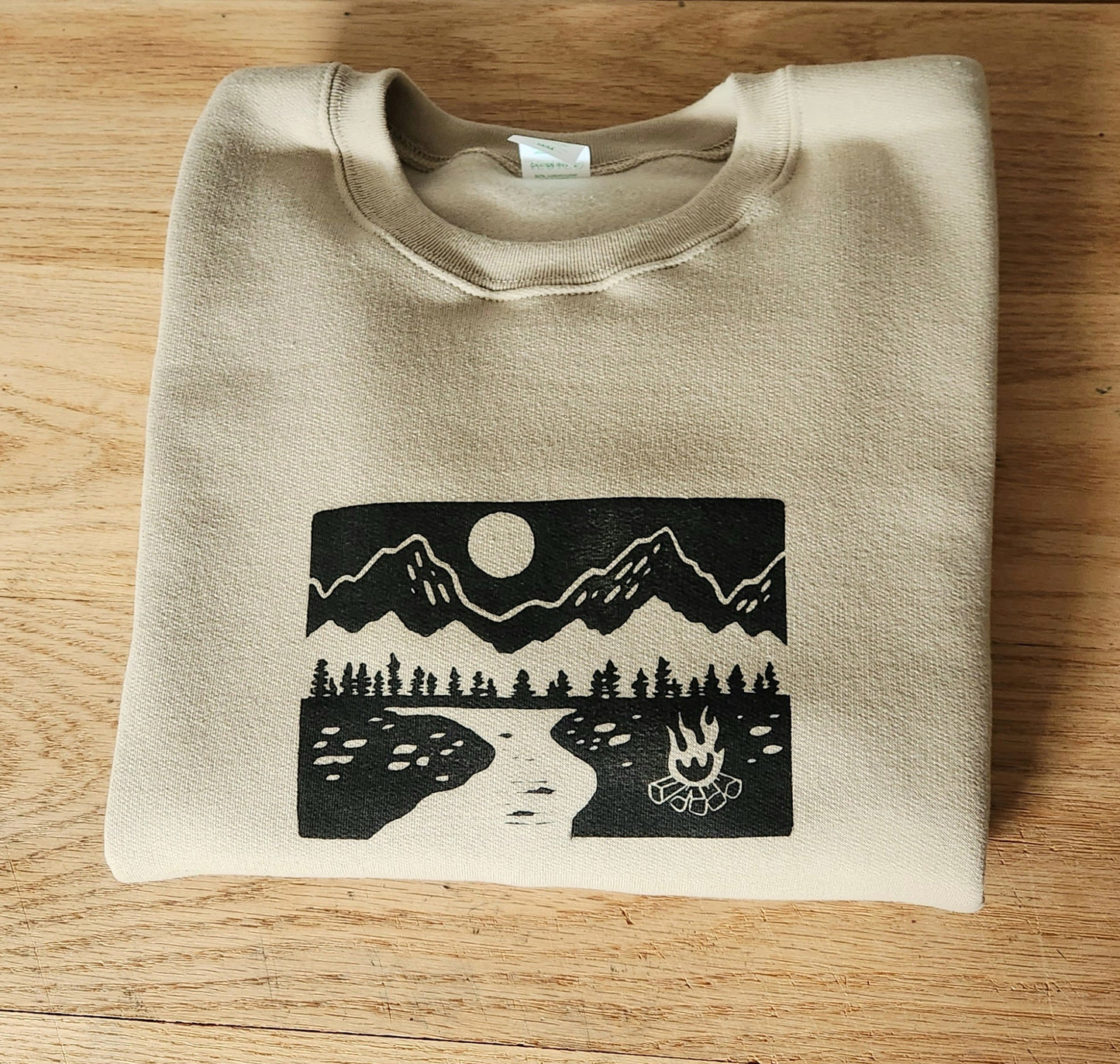 Campfire sweater, mountain nature sweatshirt, hand printed UNISEX crewneck, camping and outdoors, nature theme block print, ethical fashion