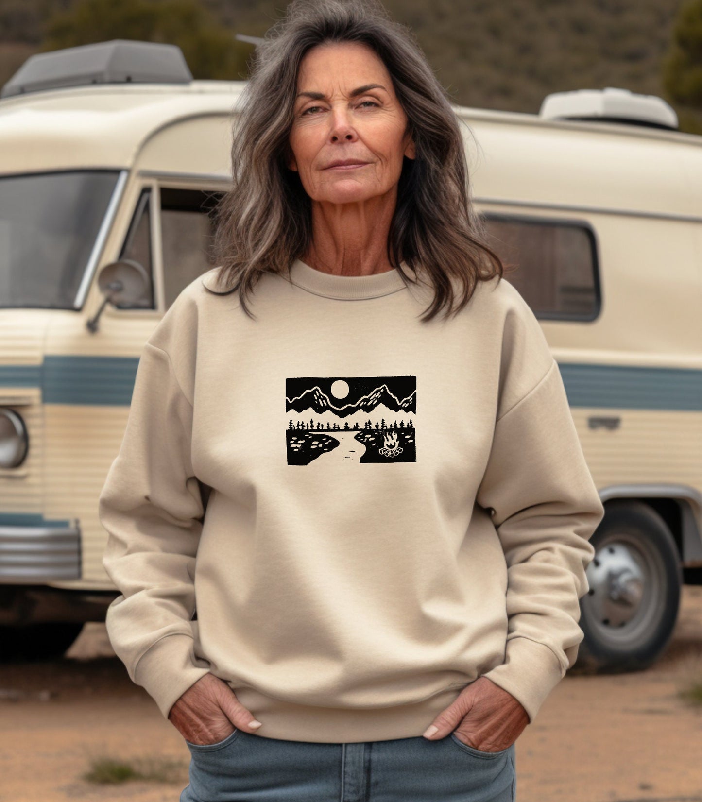 Campfire sweater, mountain nature sweatshirt, hand printed UNISEX crewneck, camping and outdoors, nature theme block print, ethical fashion