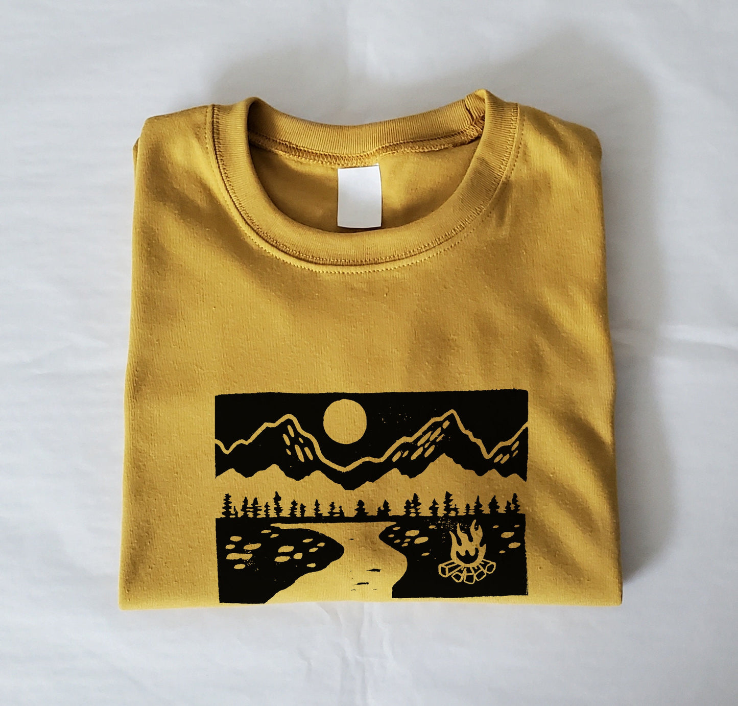 Campfire and mountain t-shirt, hand printed UNISEX tshirt, camping and outdoors tee, unique block print nature shirt, ethical summer fashion