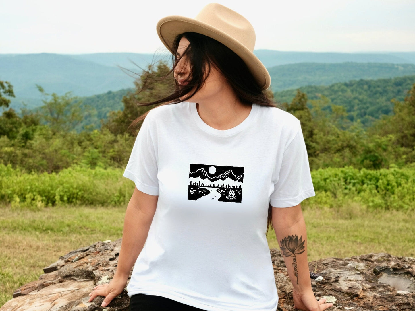 Campfire and mountain t-shirt, hand printed UNISEX tshirt, camping and outdoors tee, unique block print nature shirt, ethical summer fashion