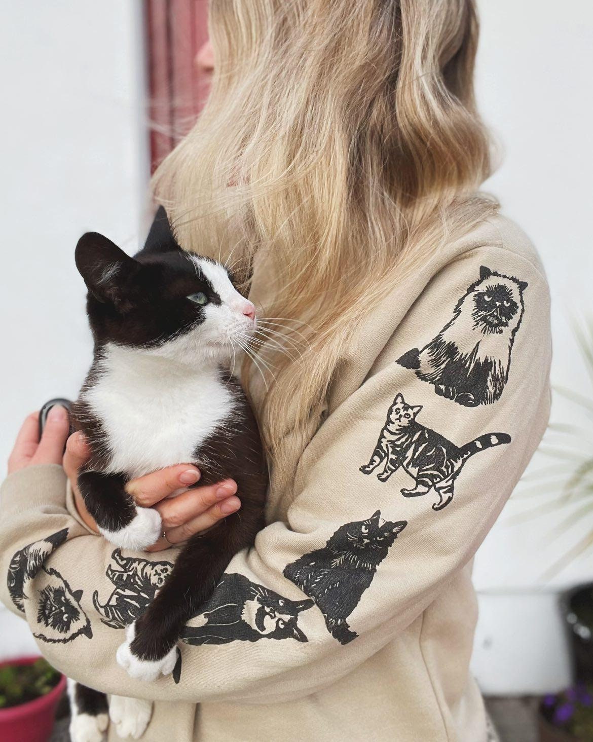 Cat sleeve print sweatshirt, hand printed unisex crewneck, cat print design, cat lover gift, block print soft cute jumper, ethical fashion