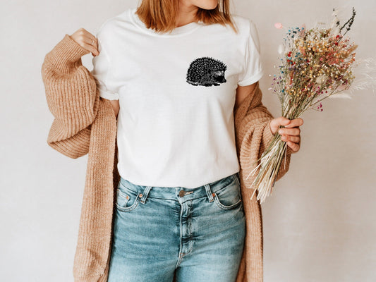 Hedgehog t-shirt, UNISEX hand printed tshirt, block print tee, hand stamped cottagecore illustration, fall clothing, ethical fashion