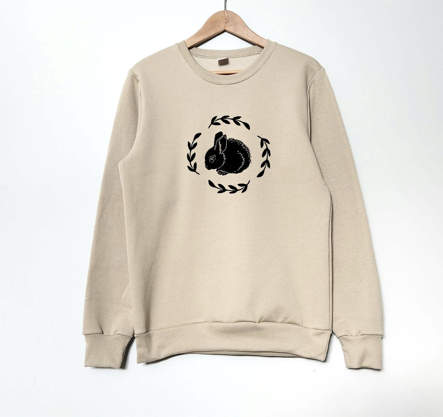 Rabbit sweatshirt, unisex hand printed crewneck, block printed bunny and fern illustration, soft cute jumper, fall clothing, ethical fashion