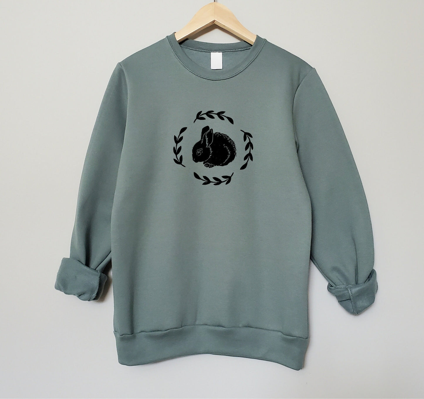 Rabbit sweatshirt, unisex hand printed crewneck, block printed bunny and fern illustration, soft cute jumper, fall clothing, ethical fashion