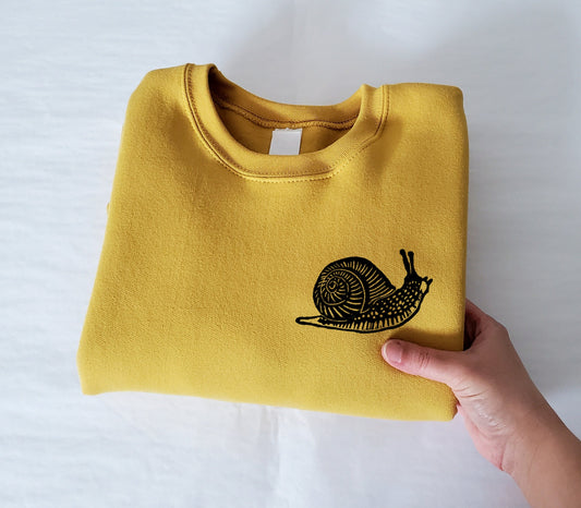 Snail sweatshirt, unisex hand printed crewneck, block printed snail illustration, soft fleece jumper, fall clothing, ethical fashion