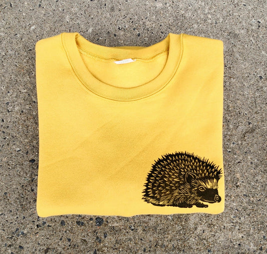 Hedgehog sweatshirt, unisex hand printed crewneck, block printed cottagecore illustration, soft cute jumper, fall clothing, ethical fashion