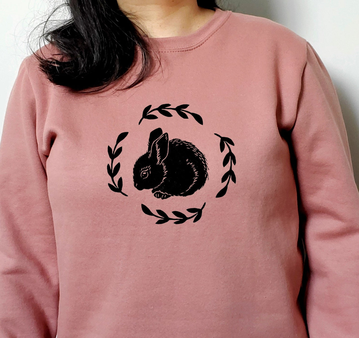 Rabbit sweatshirt, unisex hand printed crewneck, block printed bunny and fern illustration, soft cute jumper, fall clothing, ethical fashion