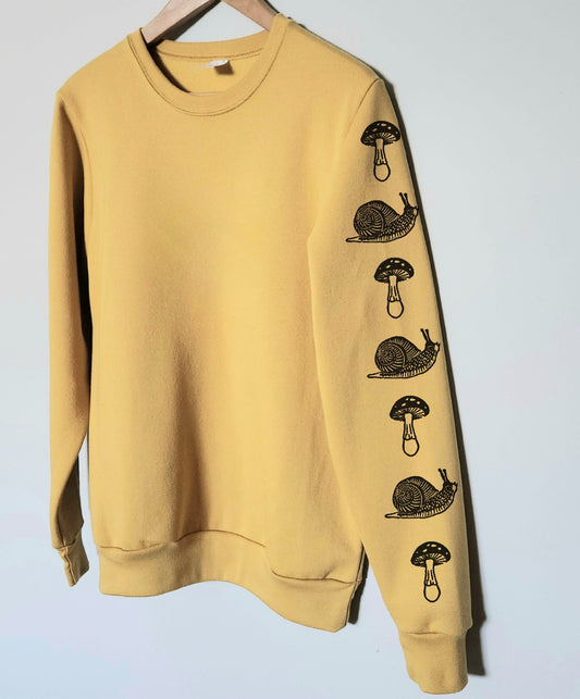 Snail mushroom sweatshirt with sleeve print, hand printed unisex crewneck, forest design, block print cottagecore jumper, ethical fashion