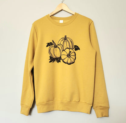 Sweat-shirt citrouille, col d’équipage d’automne imprimé à la main unisexe, illustration de patch de citrouille imprimée en bloc, pull linocut doux, mode éthique