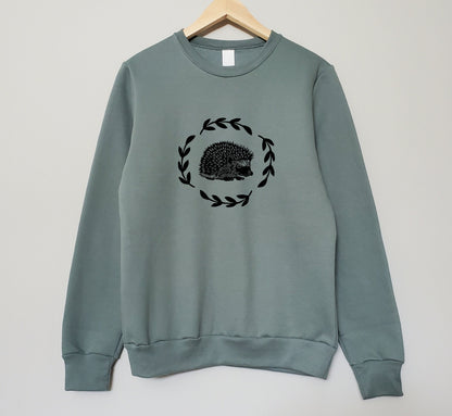 Hedgehog sweatshirt, unisex hand printed crewneck, block printed cottagecore illustration, hedgehog and fern jumper, ethical fall fashion