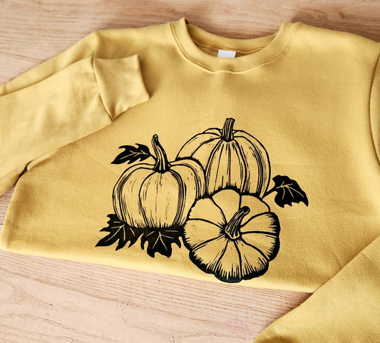 Pumpkin sweatshirt, unisex hand printed fall crewneck, block printed pumpkin patch illustration, soft linocut jumper, ethical fashion