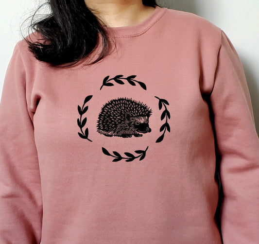 Hedgehog sweatshirt, unisex hand printed crewneck, block printed cottagecore illustration, hedgehog and fern jumper, ethical fall fashion