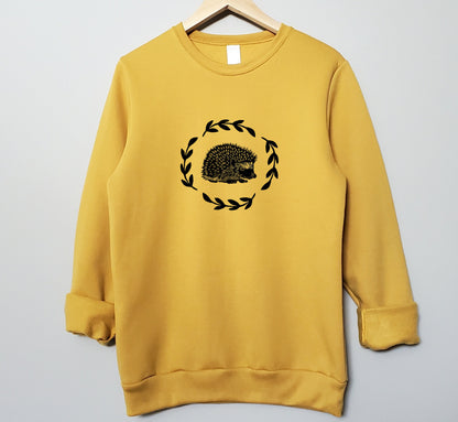 Hedgehog sweatshirt, unisex hand printed crewneck, block printed cottagecore illustration, hedgehog and fern jumper, ethical fall fashion