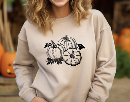 Sweat-shirt citrouille, col d’équipage d’automne imprimé à la main unisexe, illustration de patch de citrouille imprimée en bloc, pull linocut doux, mode éthique