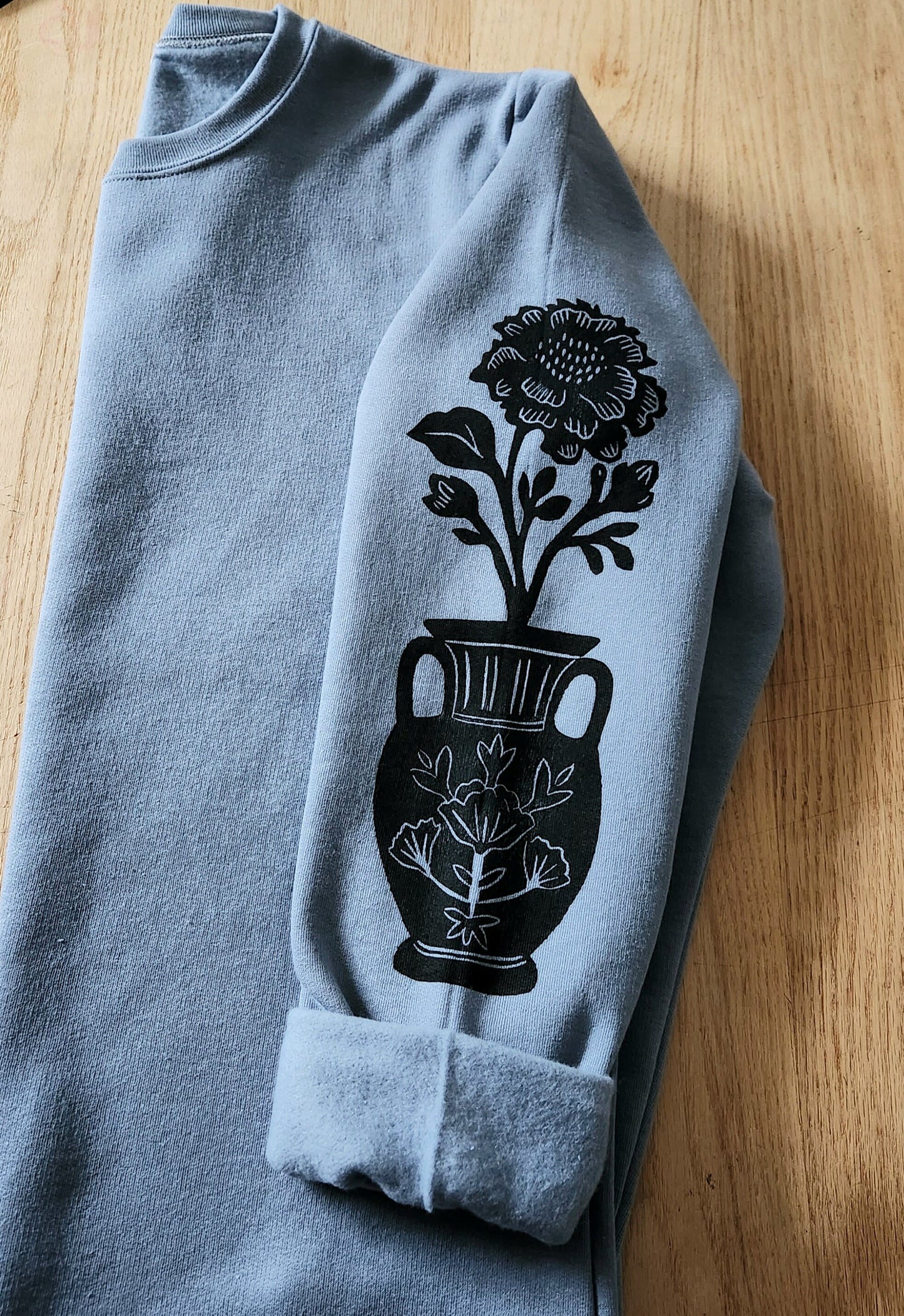 Flower vase sleeve print sweatshirt, hand printed unisex crewneck, floral print design, block print soft cute jumper, ethical fashion