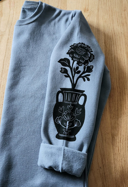 Sweat-shirt imprimé à manches vase à fleurs, col d’équipage unisexe imprimé à la main, motif imprimé floral, pull mignon doux imprimé bloc, mode éthique