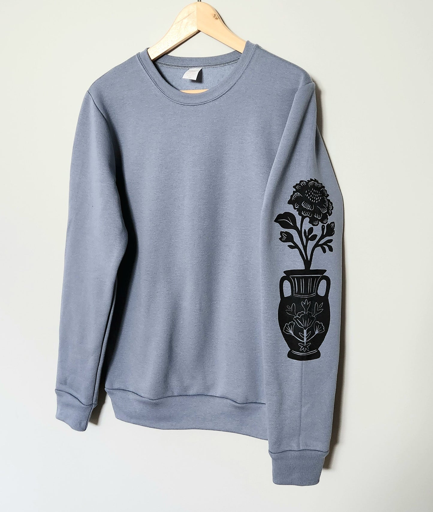 Flower vase sleeve print sweatshirt, hand printed unisex crewneck, floral print design, block print soft cute jumper, ethical fashion