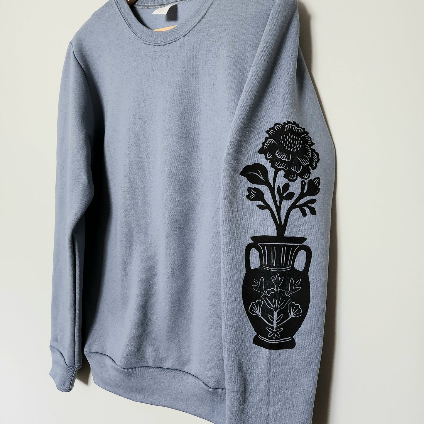 Flower vase sleeve print sweatshirt, hand printed unisex crewneck, floral print design, block print soft cute jumper, ethical fashion