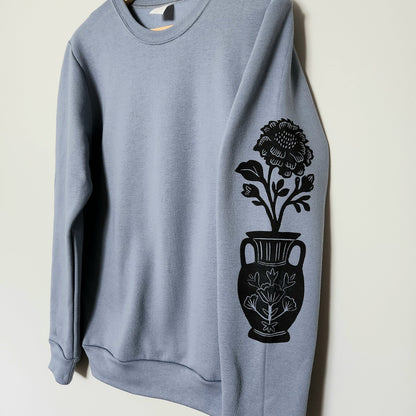 Sweat-shirt imprimé à manches vase à fleurs, col d’équipage unisexe imprimé à la main, motif imprimé floral, pull mignon doux imprimé bloc, mode éthique