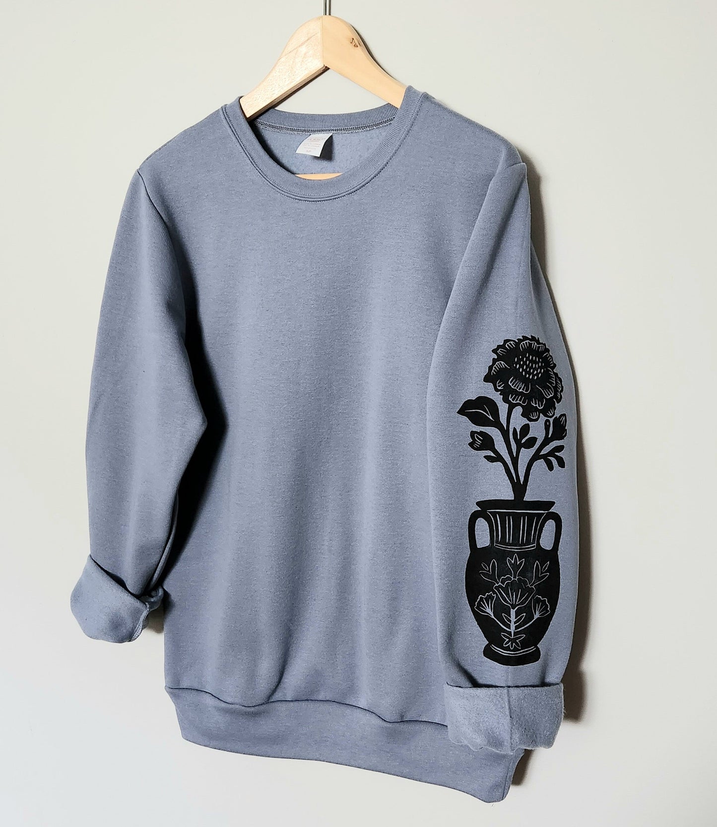 Flower vase sleeve print sweatshirt, hand printed unisex crewneck, floral print design, block print soft cute jumper, ethical fashion