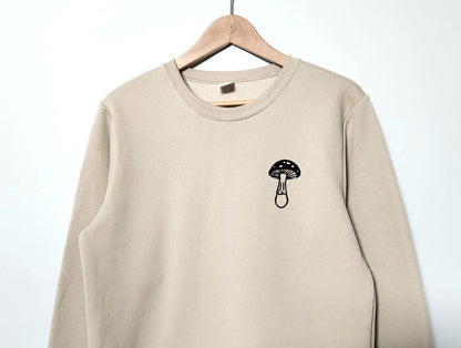 Sweat-shirt aux champignons, col d’équipage aux champignons linocut, pull imprimé à la main unisexe, pull botanique doux, mode éthique