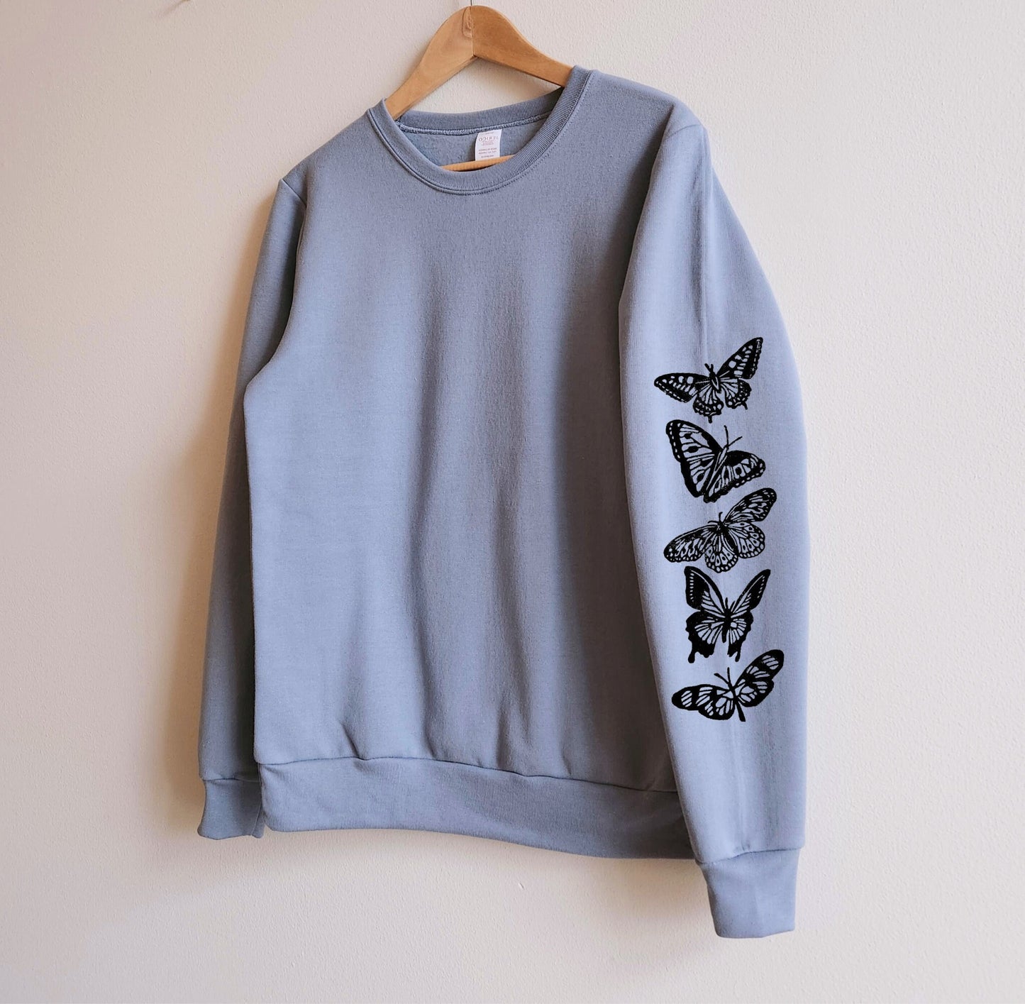 Butterfly sleeve print sweatshirt, hand printed unisex crewneck, butterflies print design, block print soft cute jumper, ethical fashion