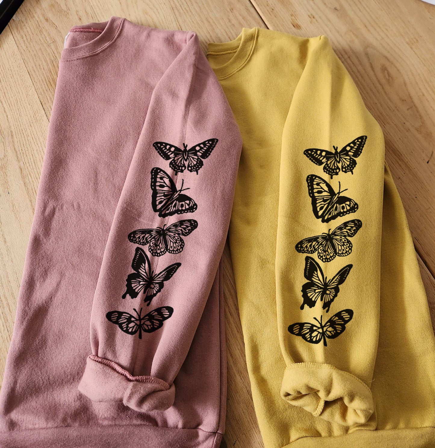 Butterfly sleeve print sweatshirt, hand printed unisex crewneck, butterflies print design, block print soft cute jumper, ethical fashion