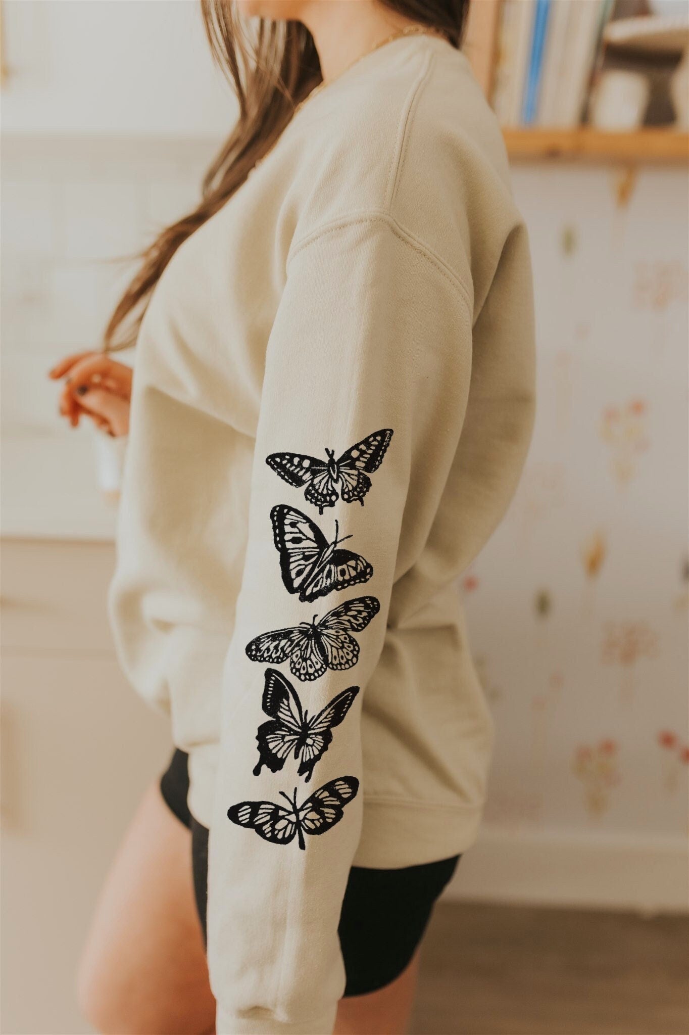 Butterfly sleeve print sweatshirt, hand printed unisex crewneck, butterflies print design, block print soft cute jumper, ethical fashion