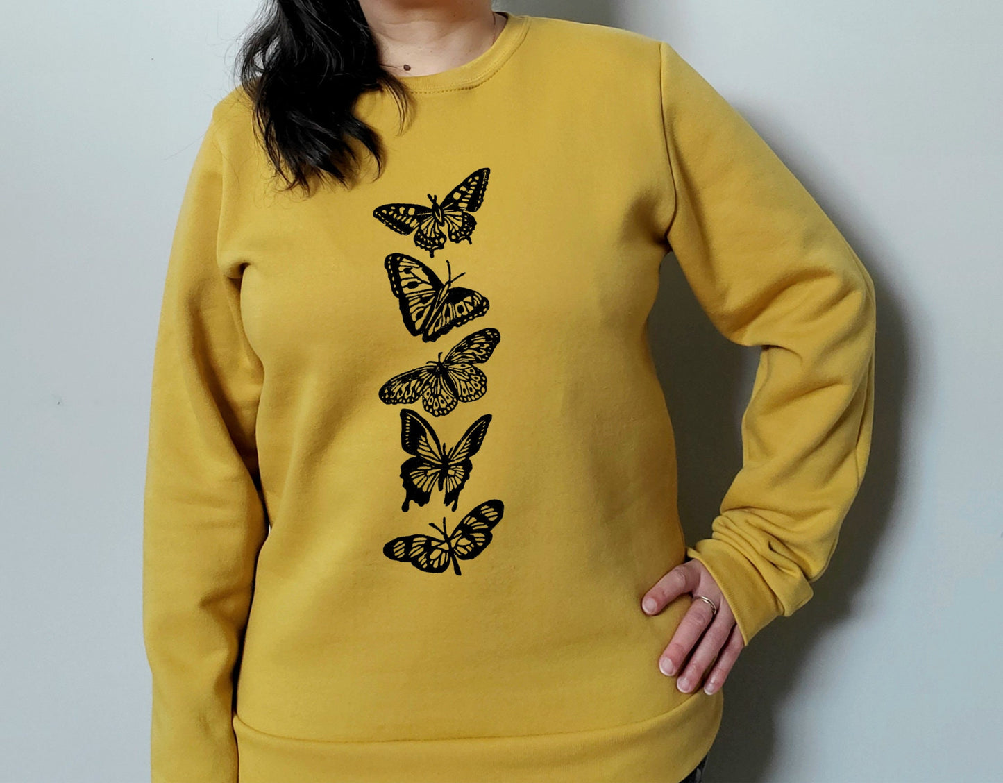 Butterfly print sweatshirt, hand printed unisex crewneck, butterflies print design, block print insect, soft cute jumper, ethical fashion