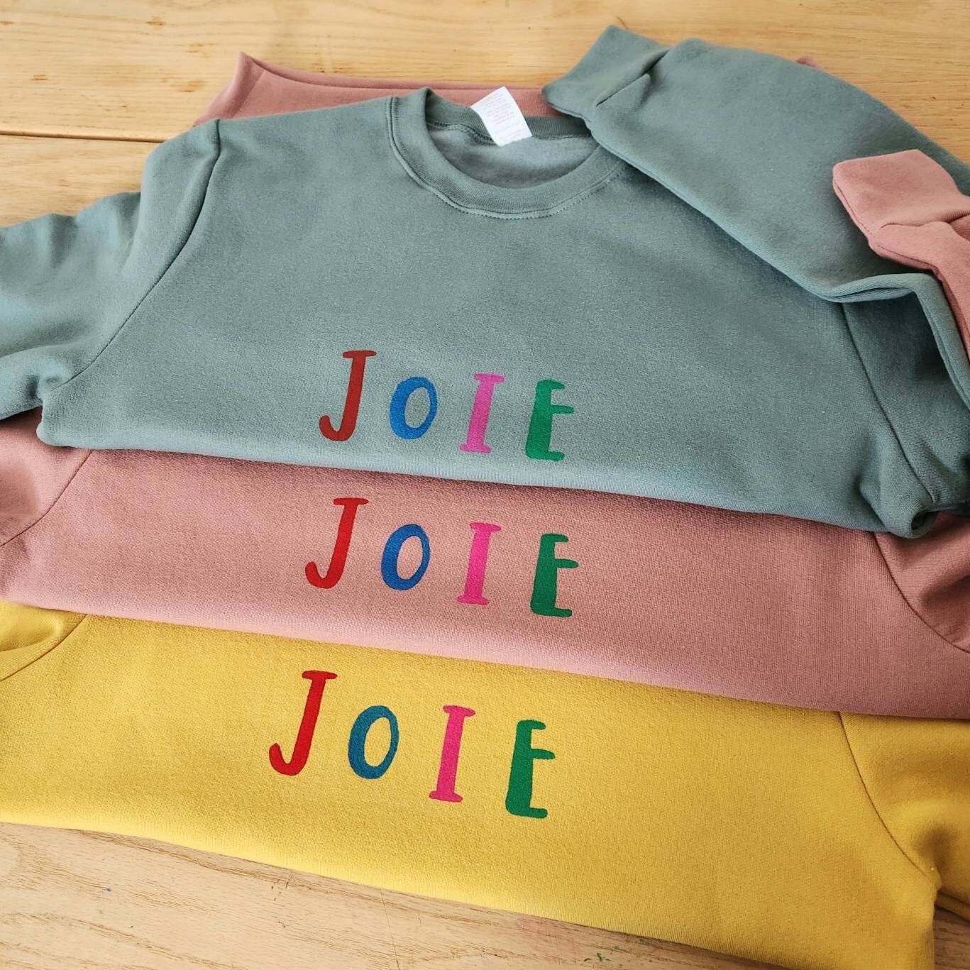 Joie sweatshirt, unisex hand printed joy crewneck, block printed colorful graphic shirt, soft cute jumper,  unique clothing, ethical fashion