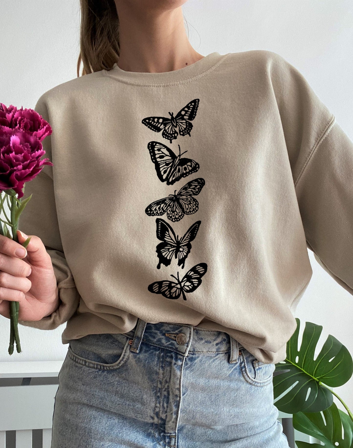 Butterfly print sweatshirt, hand printed unisex crewneck, butterflies print design, block print insect, soft cute jumper, ethical fashion