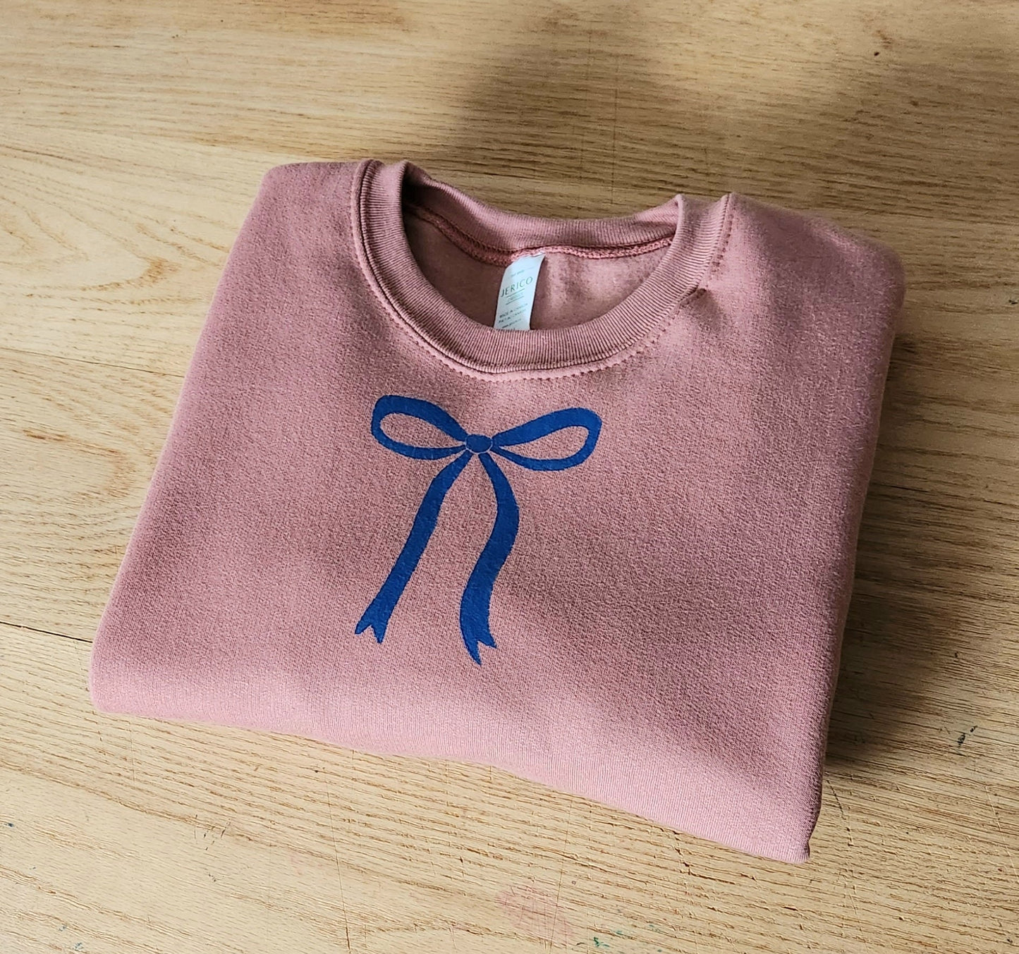 Bow sweatshirt, blue bow crewneck, hand block printed coquette ribbon illustration, cute jumper, gift for her, ethical spring fashion