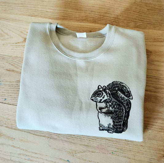 Squirrel sweatshirt, unisex hand printed crewneck, block printed squirrel illustration, soft cute jumper, spring clothing, ethical fashion