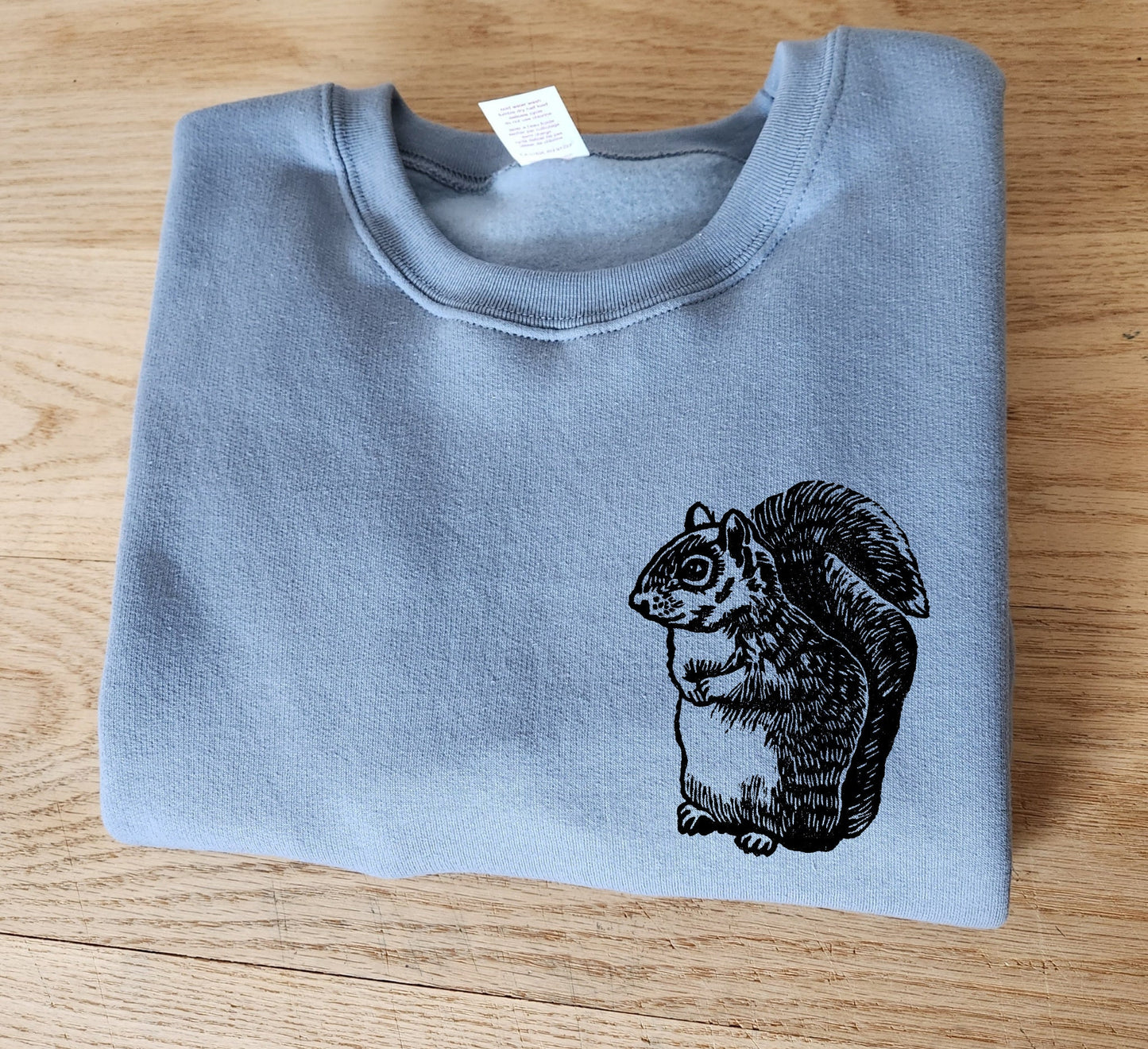 Squirrel sweatshirt, unisex hand printed crewneck, block printed squirrel illustration, soft cute jumper, spring clothing, ethical fashion