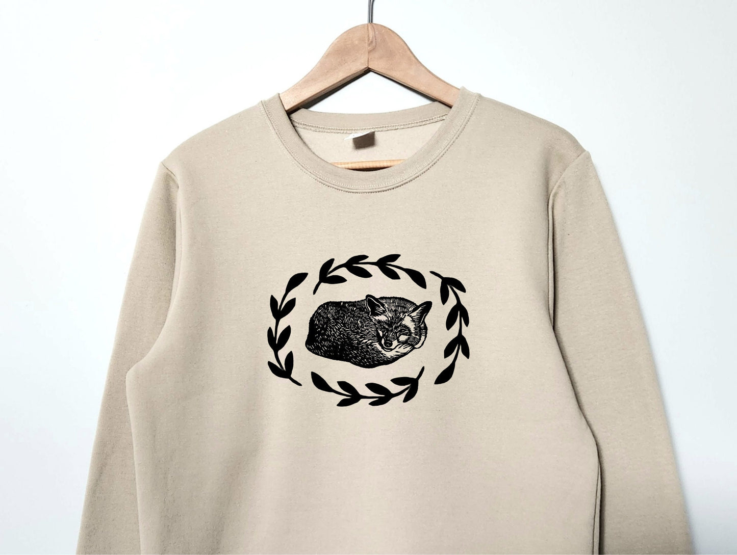 Fox sweatshirt, unisex hand printed crewneck, block printed fox and fern illustration, forest theme jumper, spring clothing, ethical fashion