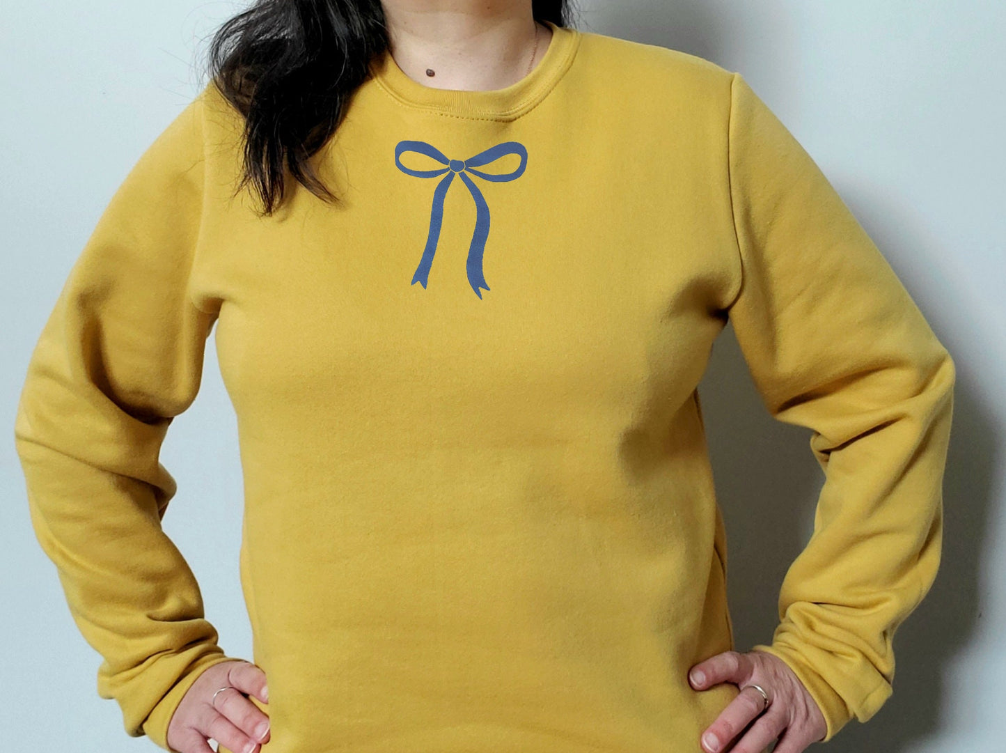 Bow sweatshirt, blue bow crewneck, hand block printed coquette ribbon illustration, cute jumper, gift for her, ethical spring fashion