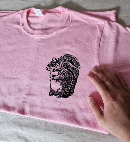 Squirrel t-shirt, UNISEX hand printed tshirt, block print tee, hand stamped cottagecore illustration, spring clothing, ethical fashion